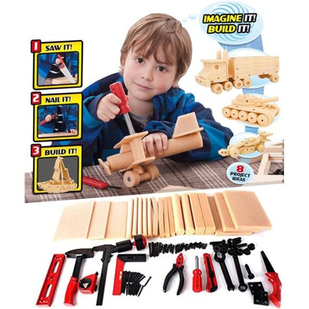 Deluxe Foam Wood Kids STEM Toys Carpentry Construction Tool (90 Piece Set)